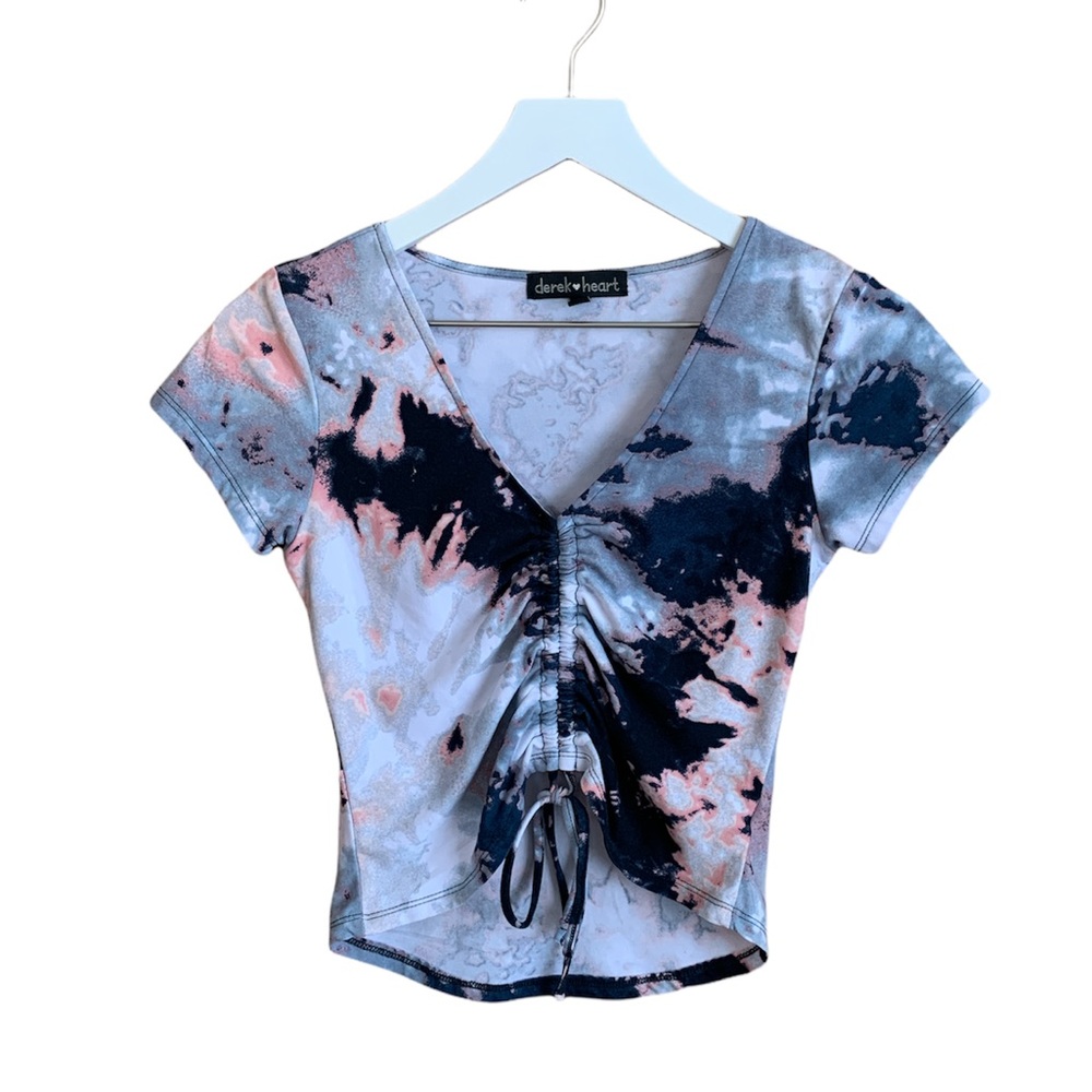 Derek Heart 2 Piece Blue Marble Cinch Front Wide Leg Loungewear Set - Picture 2 of 6